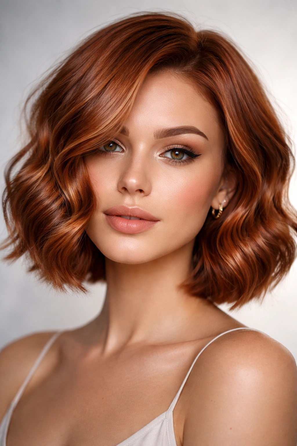 Copper metallic gloss wave bob with iridescent shine