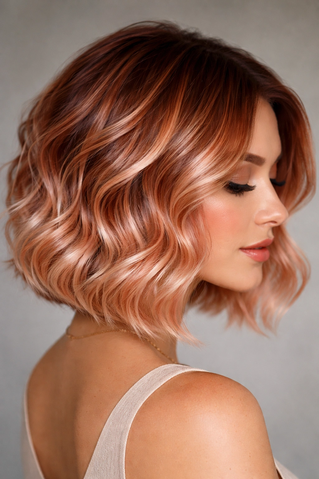 Close-up of copper pearlescent ombre waves on a short bob with dark roots and light ends.