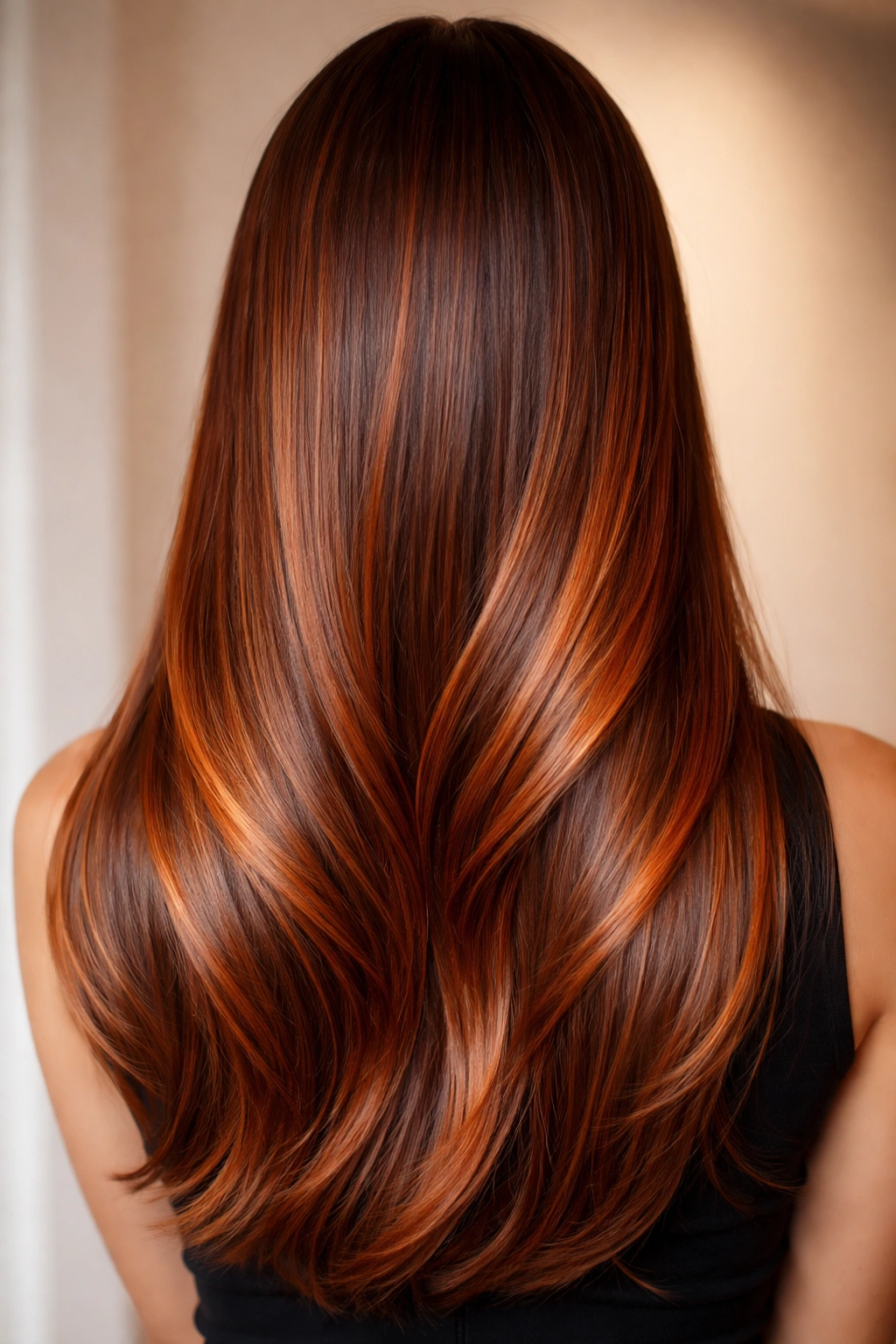 Close-up of straight hair with copper penny balayage showing copper highlights