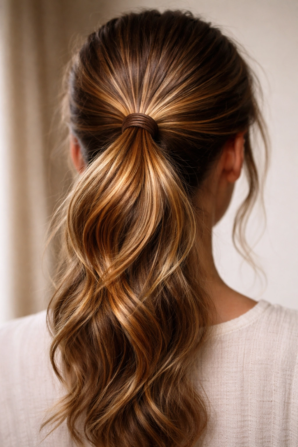 Ponytail base with copper penny highlights concentrated at the ponytail holder