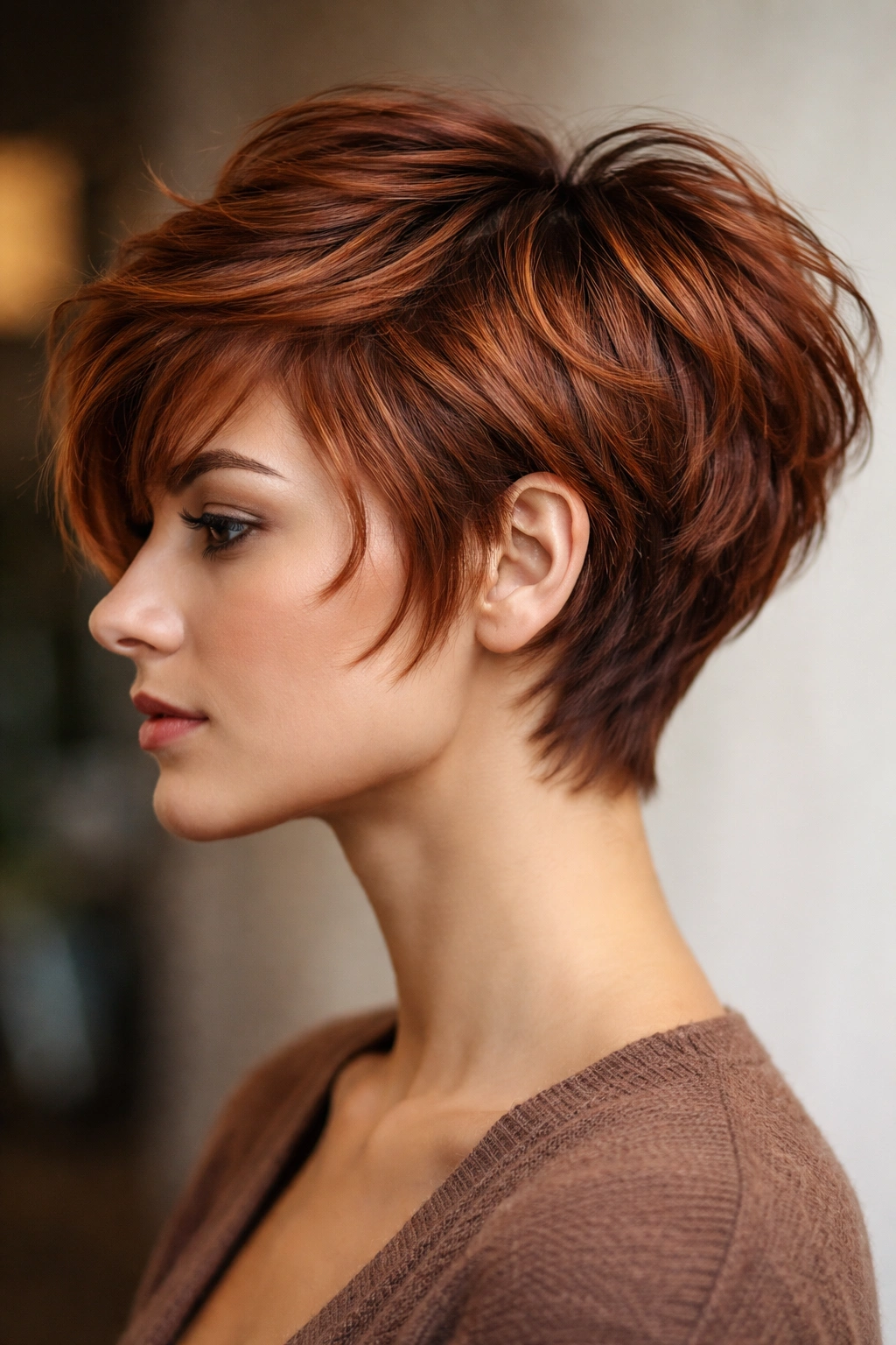 Copper textured pixie-bob hybrid hairstyle