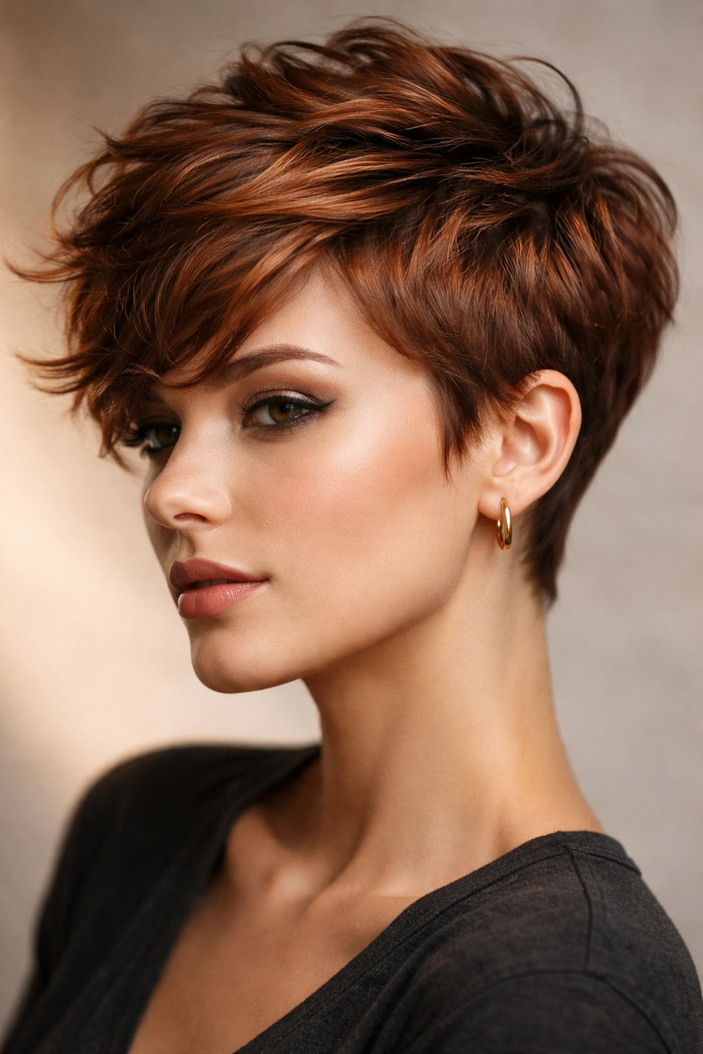 Close-up of a short copper pixie wave hairstyle with textured crown