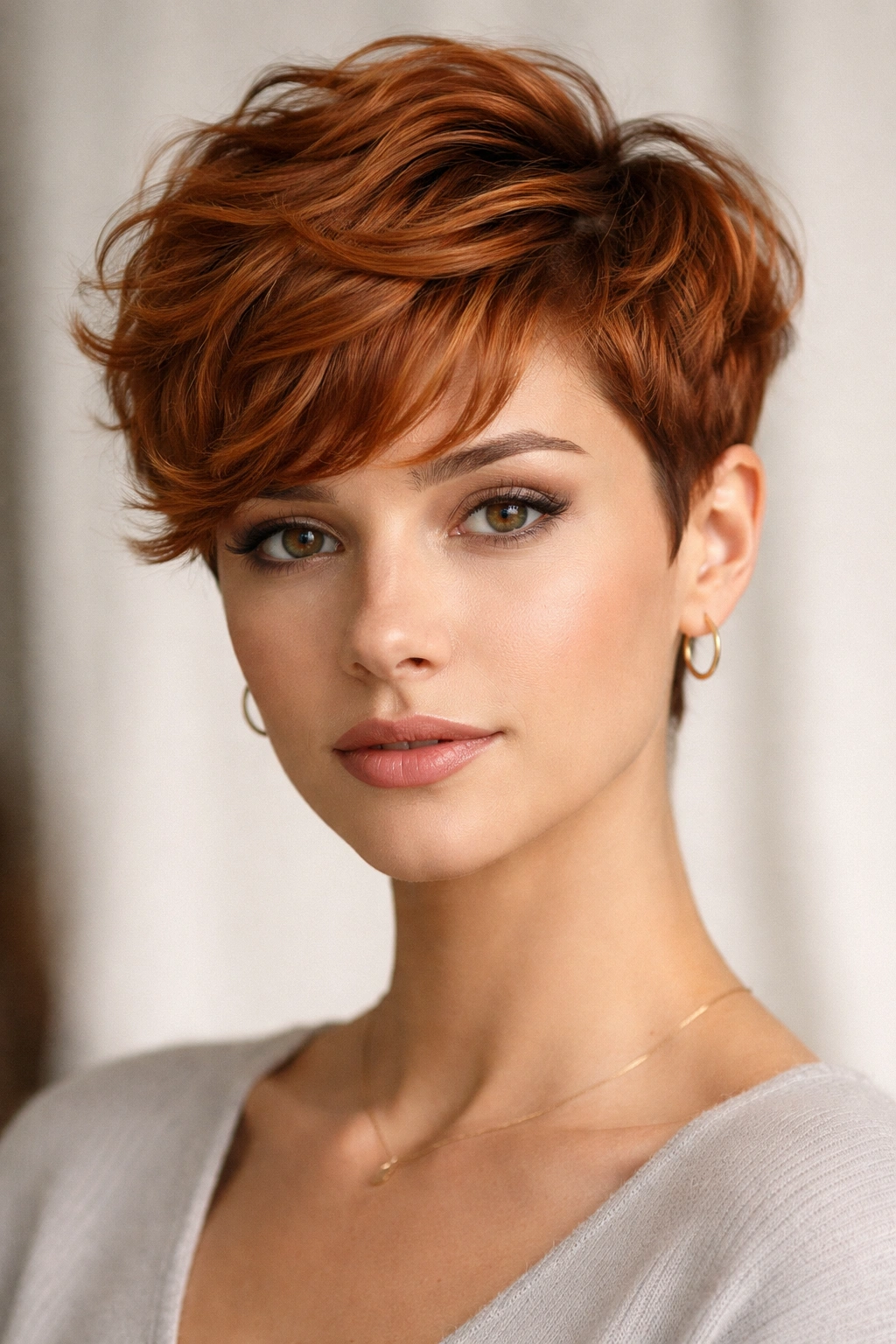 Copper wavy pixie with longer crown showing waves on top