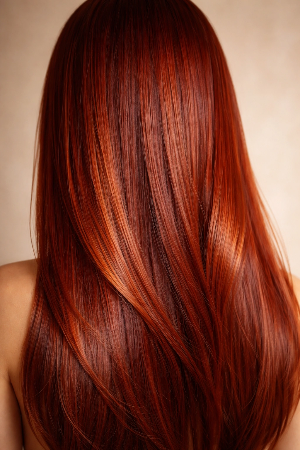 Close-up of copper red straight hair glowing with warm red tones