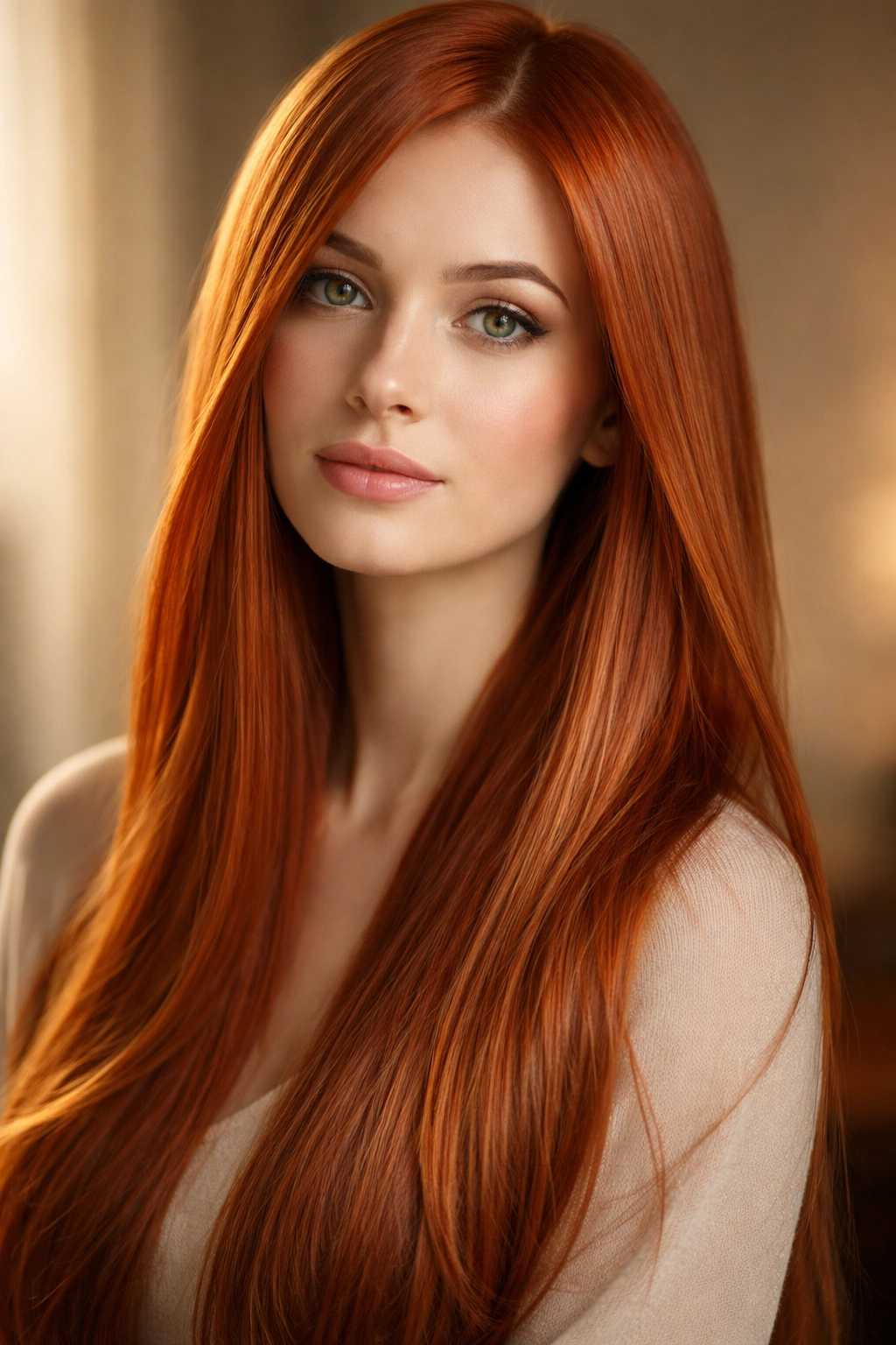 Close-up of straight hair in Warm Copper Red with golden undertones and luminous glow