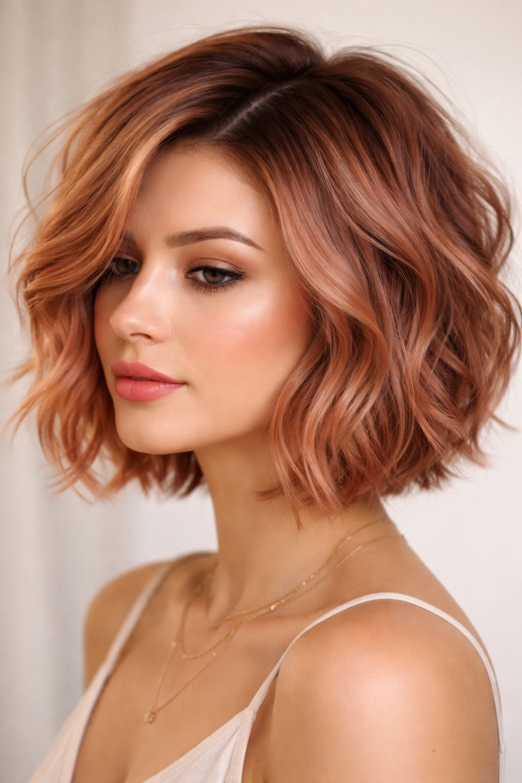 Copper Rose Gold Tousled Bob hairstyle with warm tones and relaxed waves