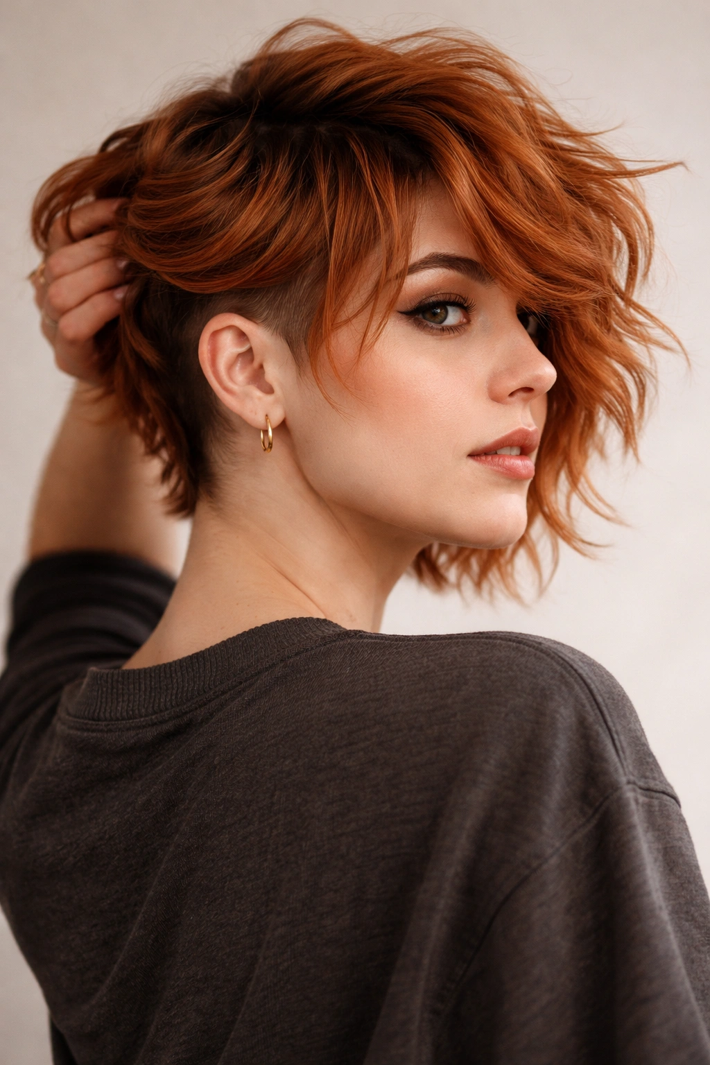 Copper wavy shag with undercut showing top waves and hidden undercut