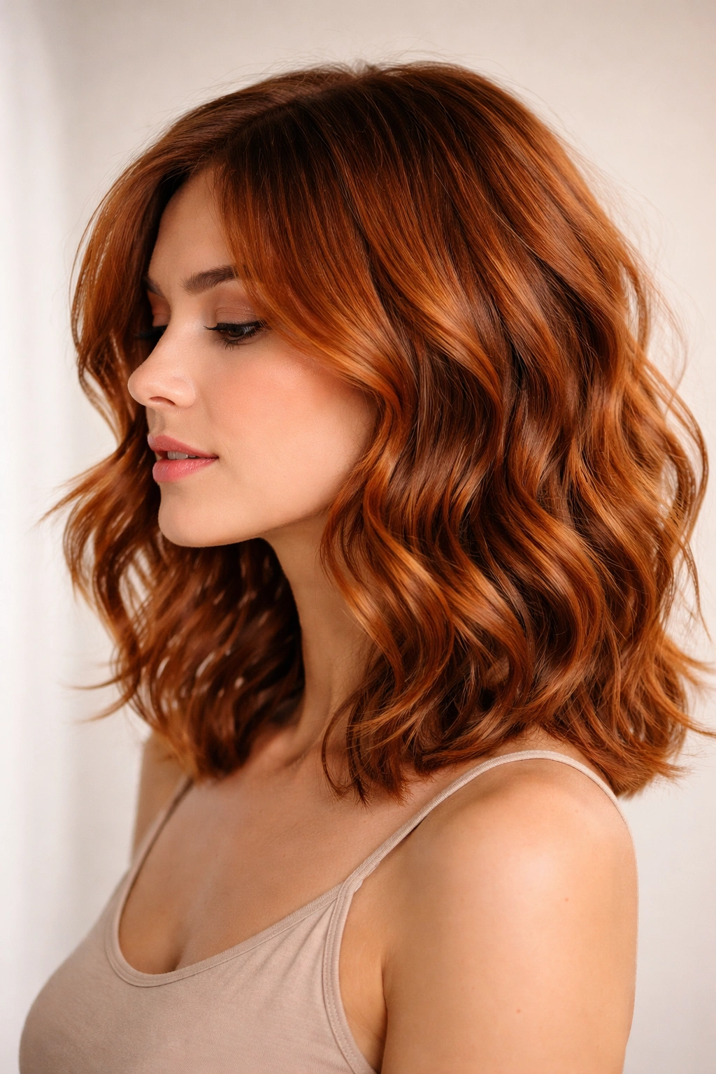 Shoulder-length copper waves with layered texture