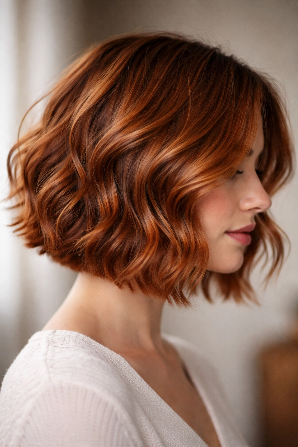 Chin-length copper wavy bob with textured ends