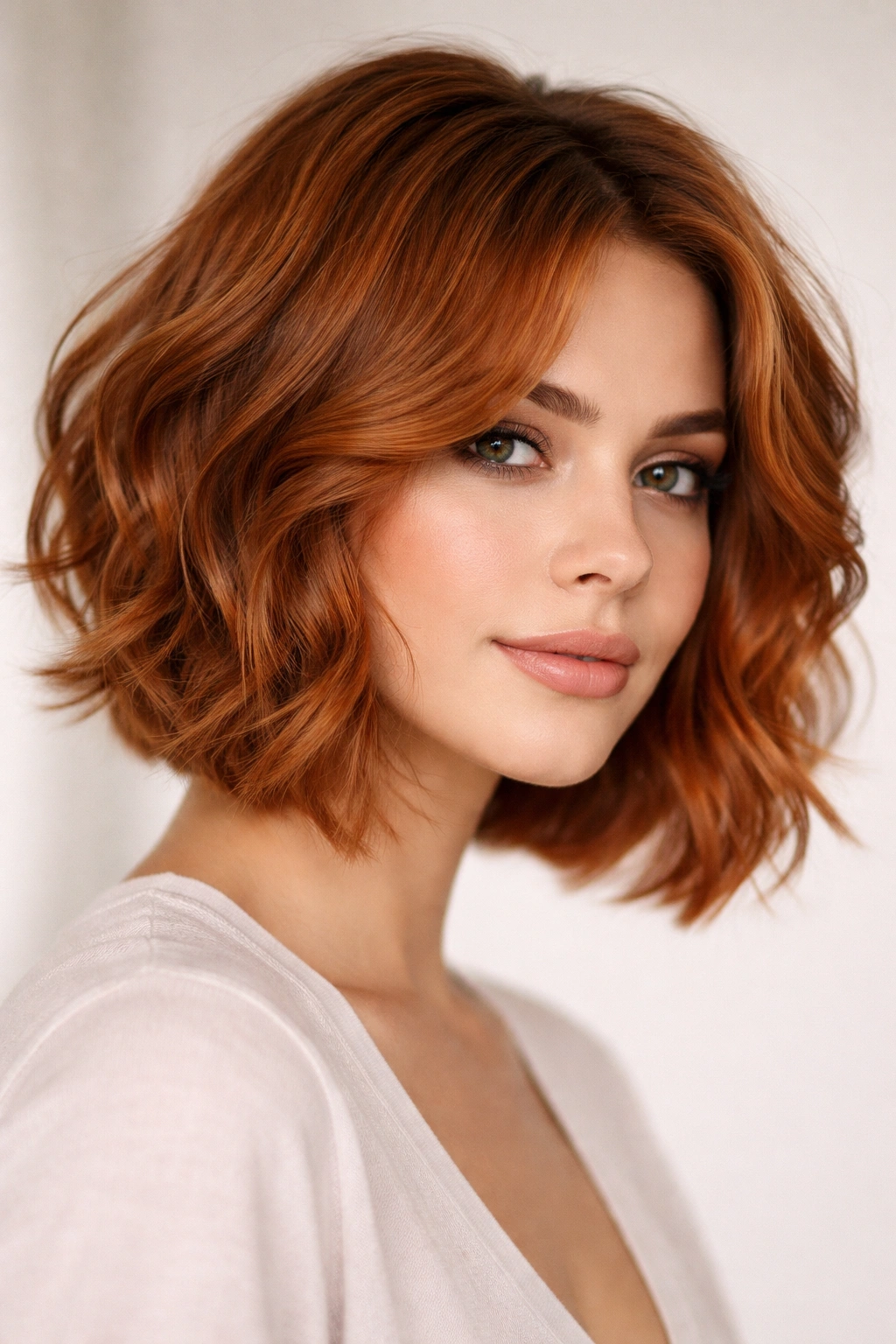 Close-up of copper textured bob with face-framing layers showing depth and shine