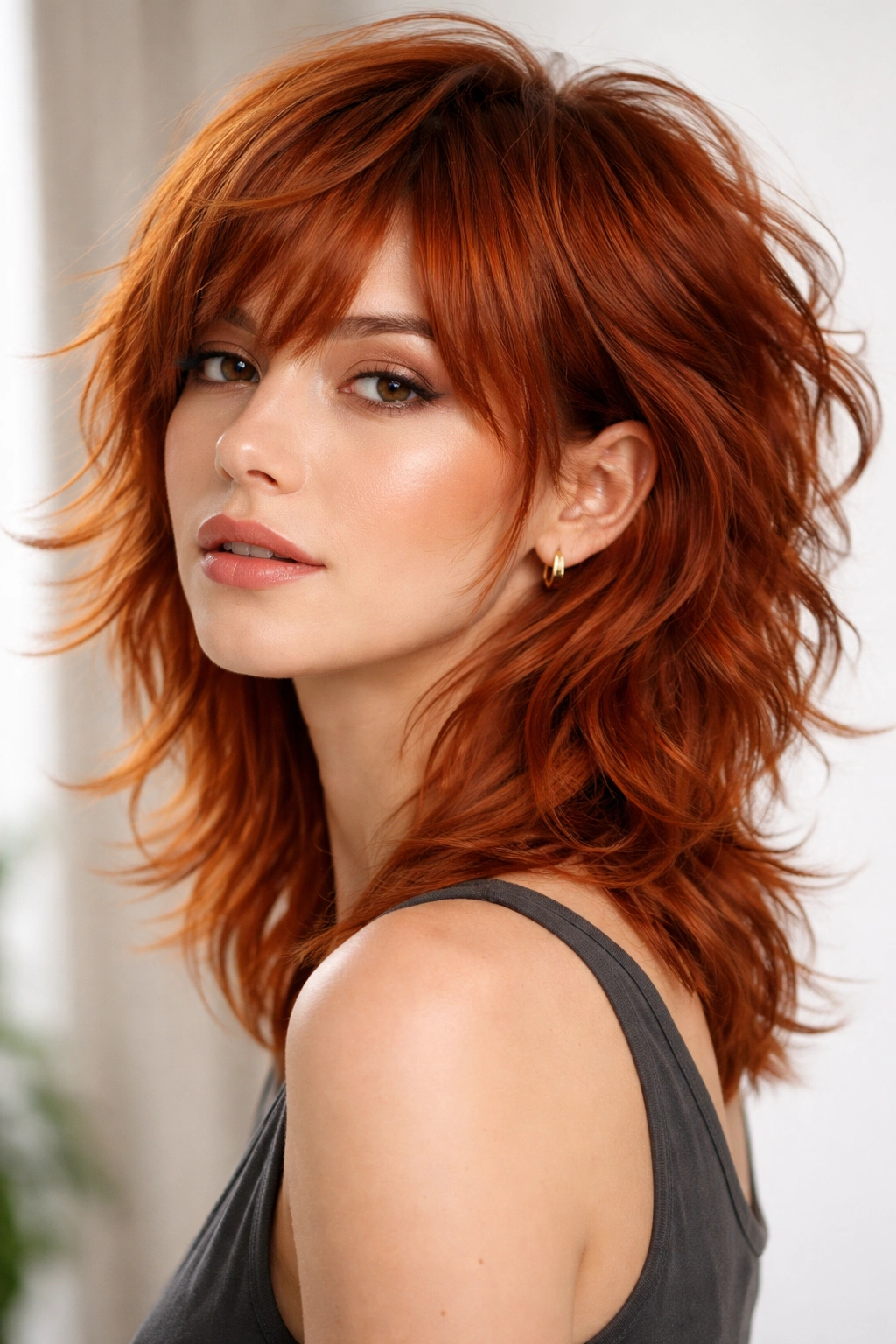 Copper wolf cut with choppy layers and textured waves