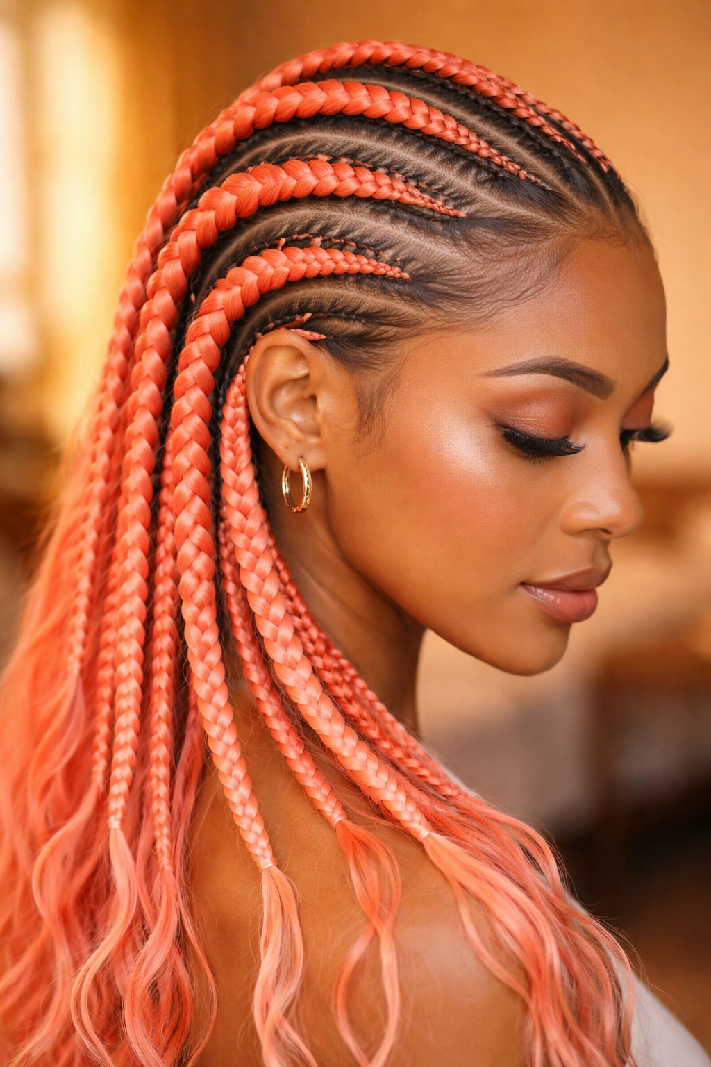 Close-up of coral orange feed-in cornrows in warm studio lighting.