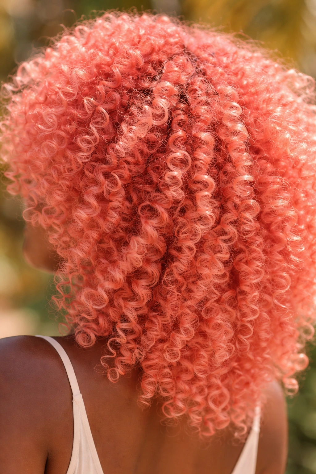 Coily hair in coral pink with warm peach undertones