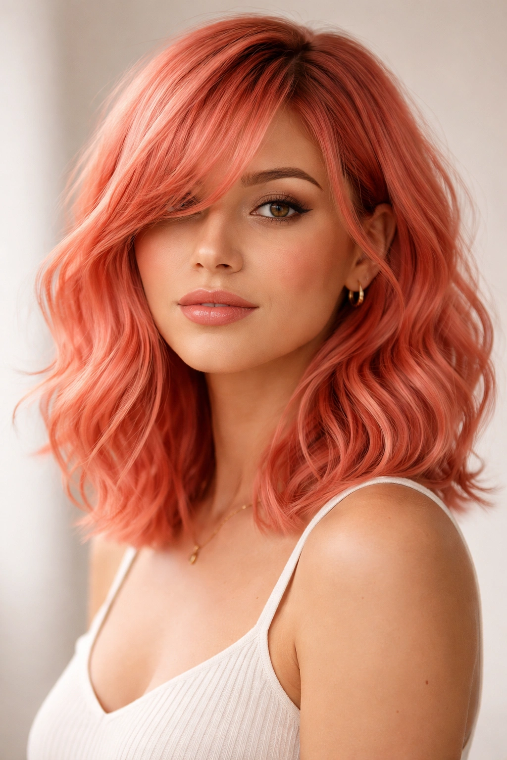 Coral pink wavy lob with side-swept bangs in studio lighting.