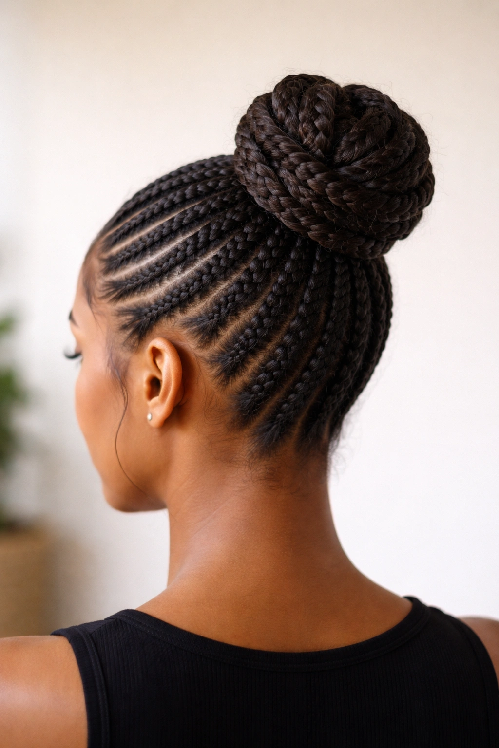 Cornrow base leading to a braided bun at the crown