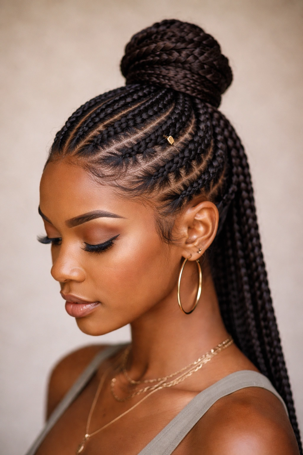 Cornrow-and-braid hybrid with a top knot Fulani hairstyle