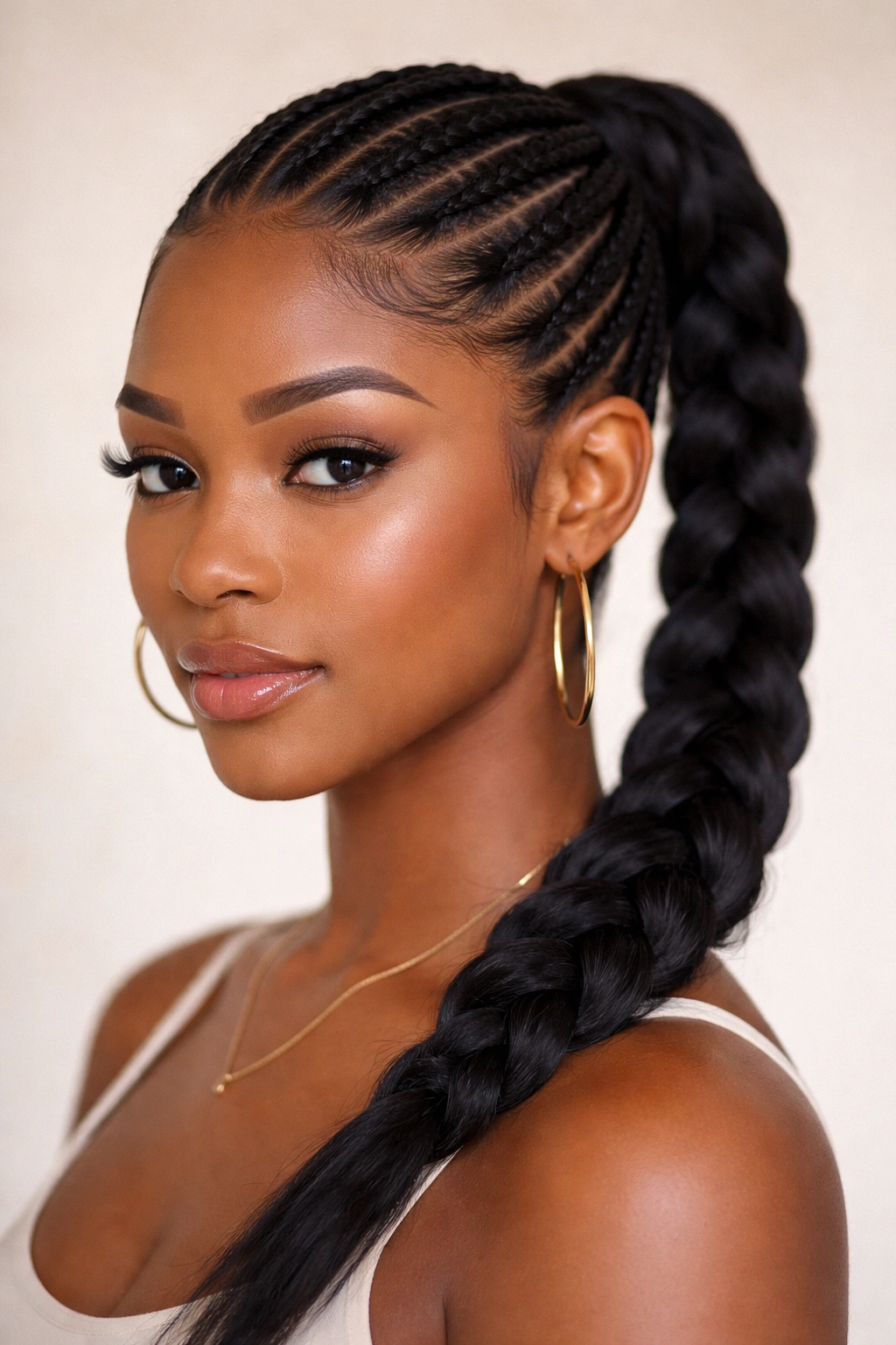 Cornrow transition into braided ponytail showing seamless integration