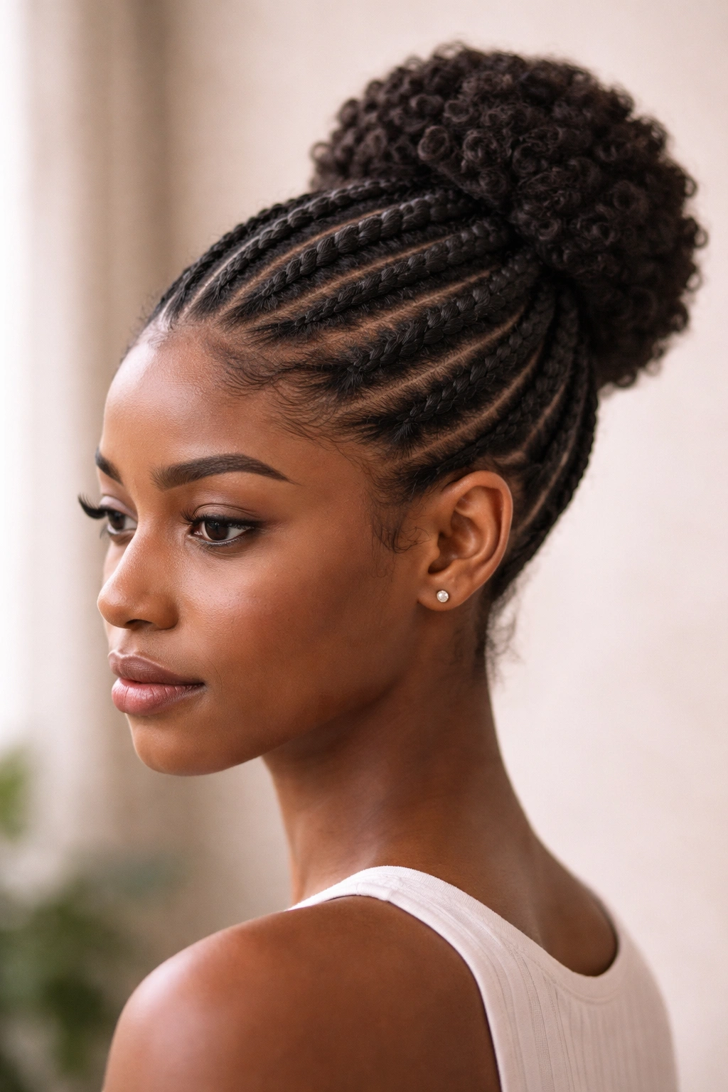 Cornrow bun on thick 4C hair with coils