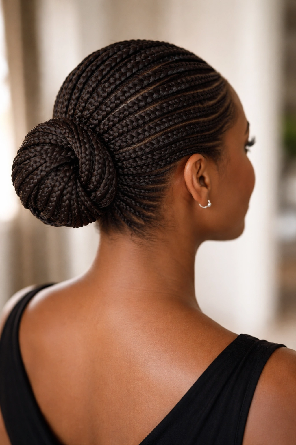 Cornrows gathered into a bun at the nape for polished elegance
