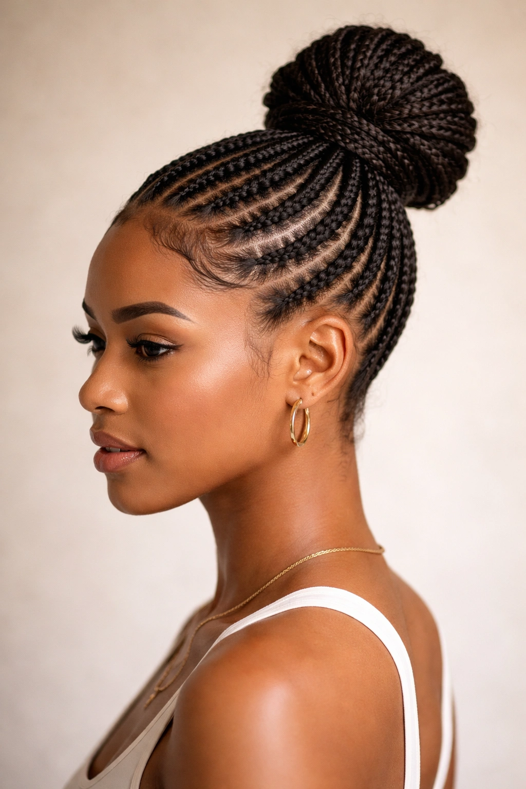 Cornrow hairstyle transitioning into high ponytail bun from crown