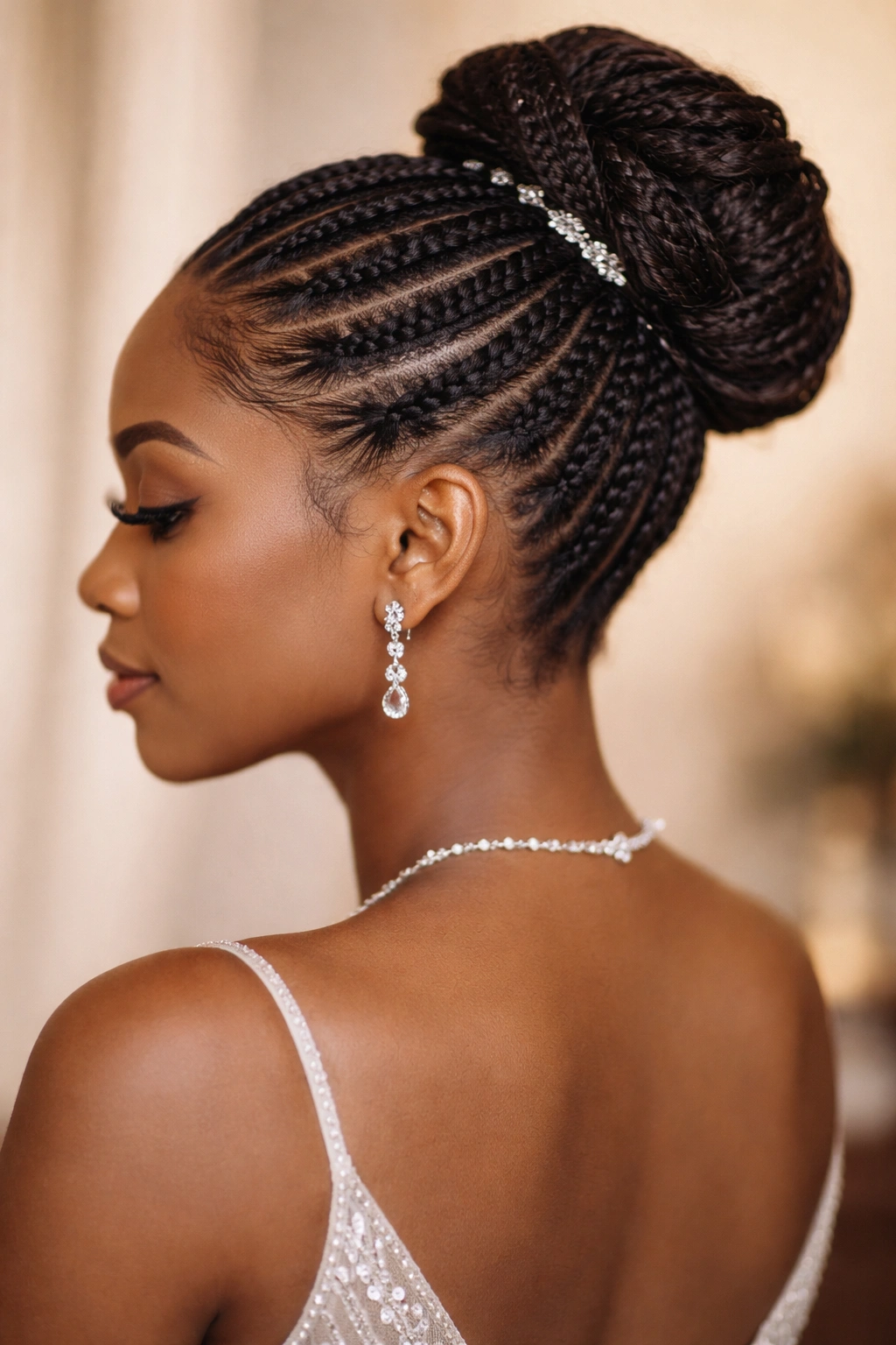 Close-up of a polished cornrow bun hairstyle representing final thoughts on a prom look
