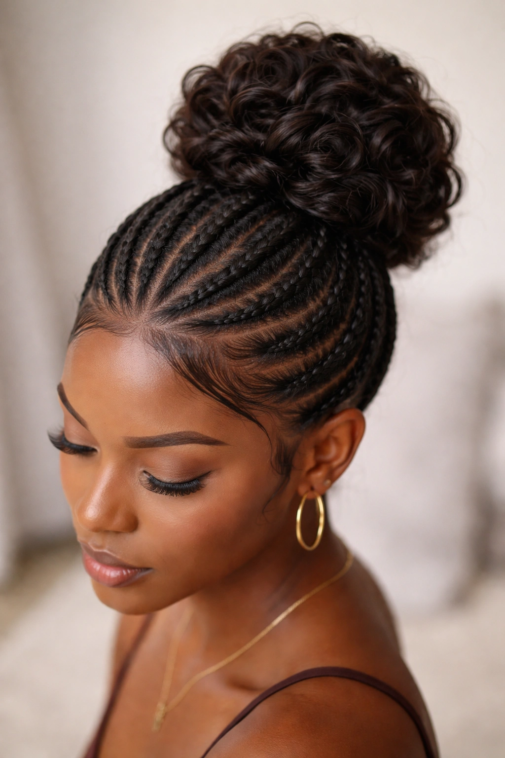 Cornrow bun with wavy texture on top