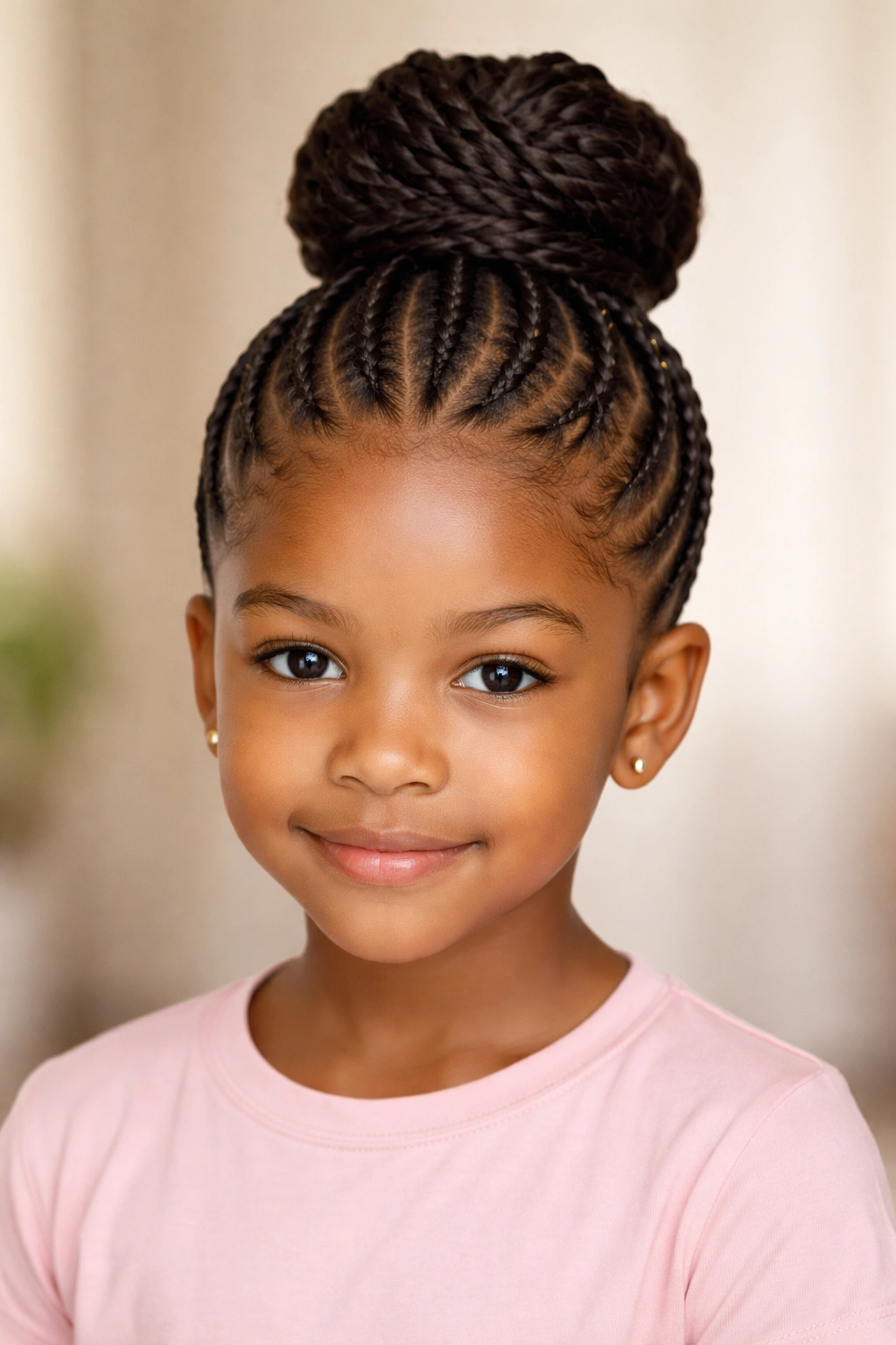 Cornrow bun with wrapped detail on a child's head