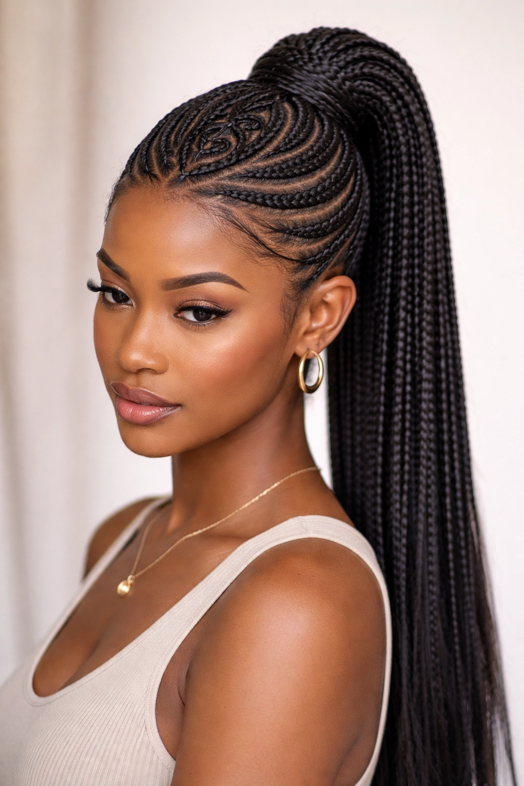 Cornrow base with crown detail woven before ponytail