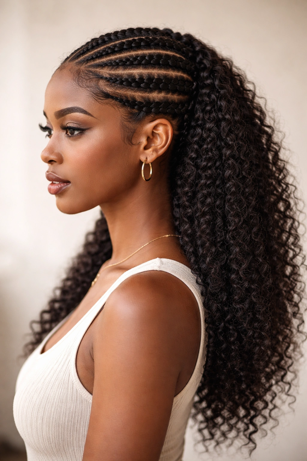 Cornrow crown with free ends framing the face