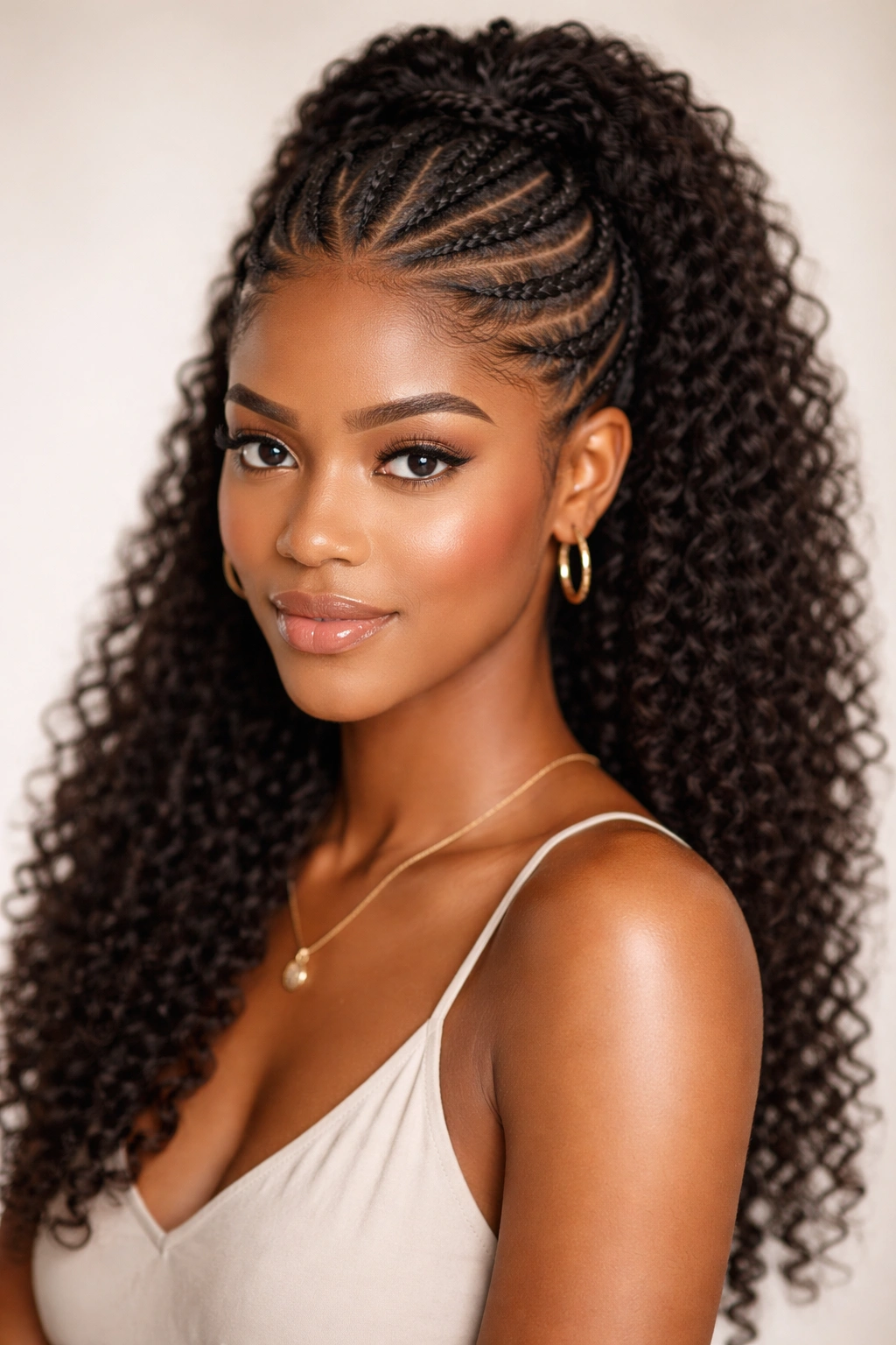 Front view of cornrow crown half-up hairstyle with braids forming a crown.