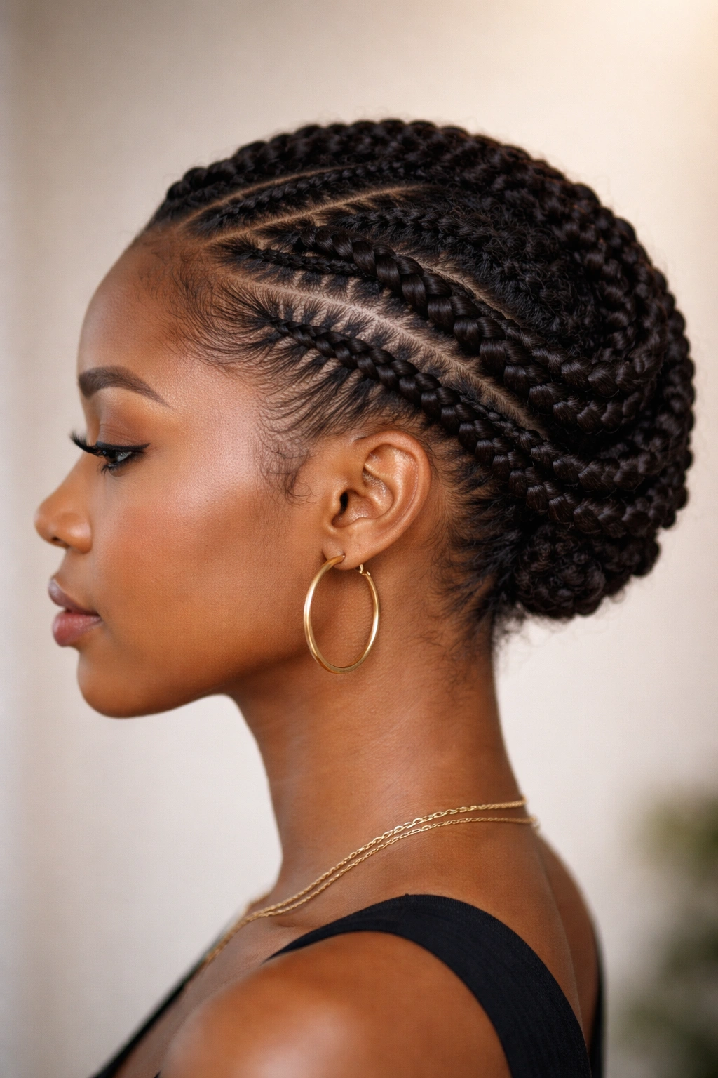 Profile view of a head with a cornrow crown around the perimeter
