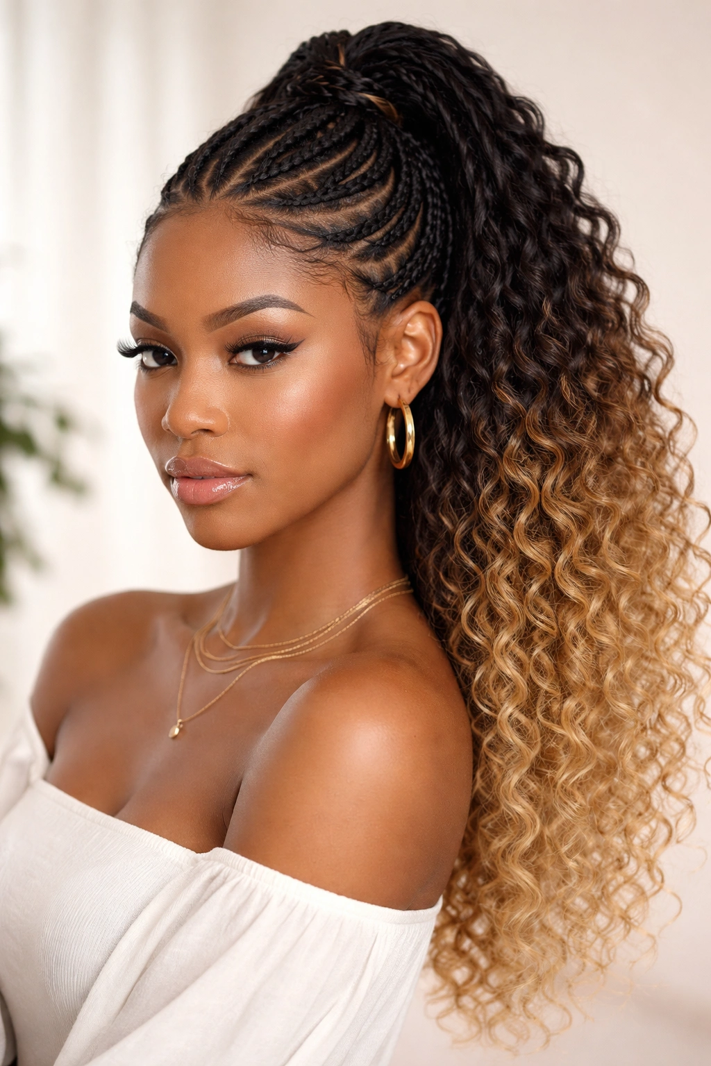 Close-up of cornrow crown with ombré crochet hair forming a ponytail.