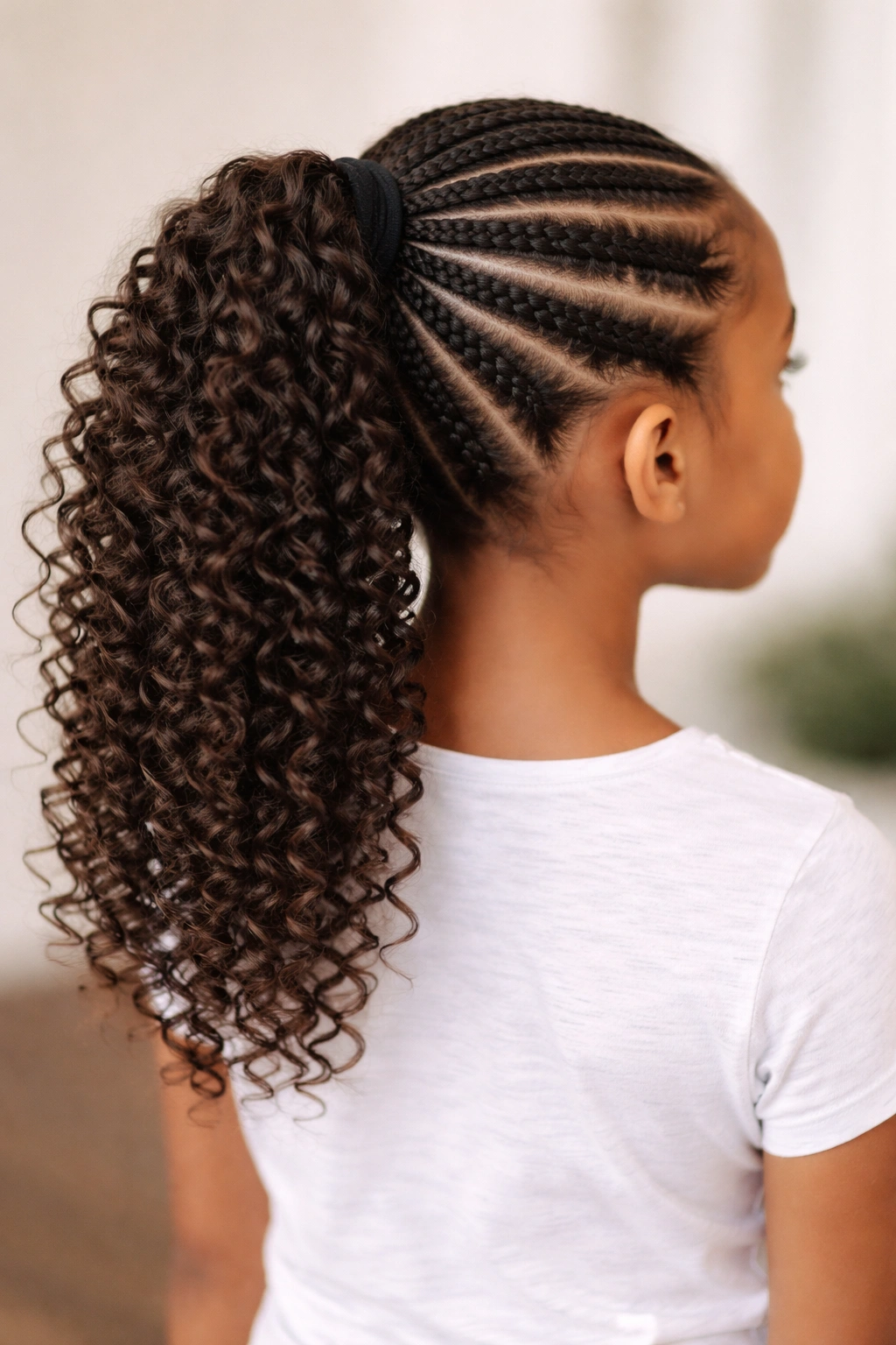 Cornrow to curly ponytail showing braids flowing into curls.