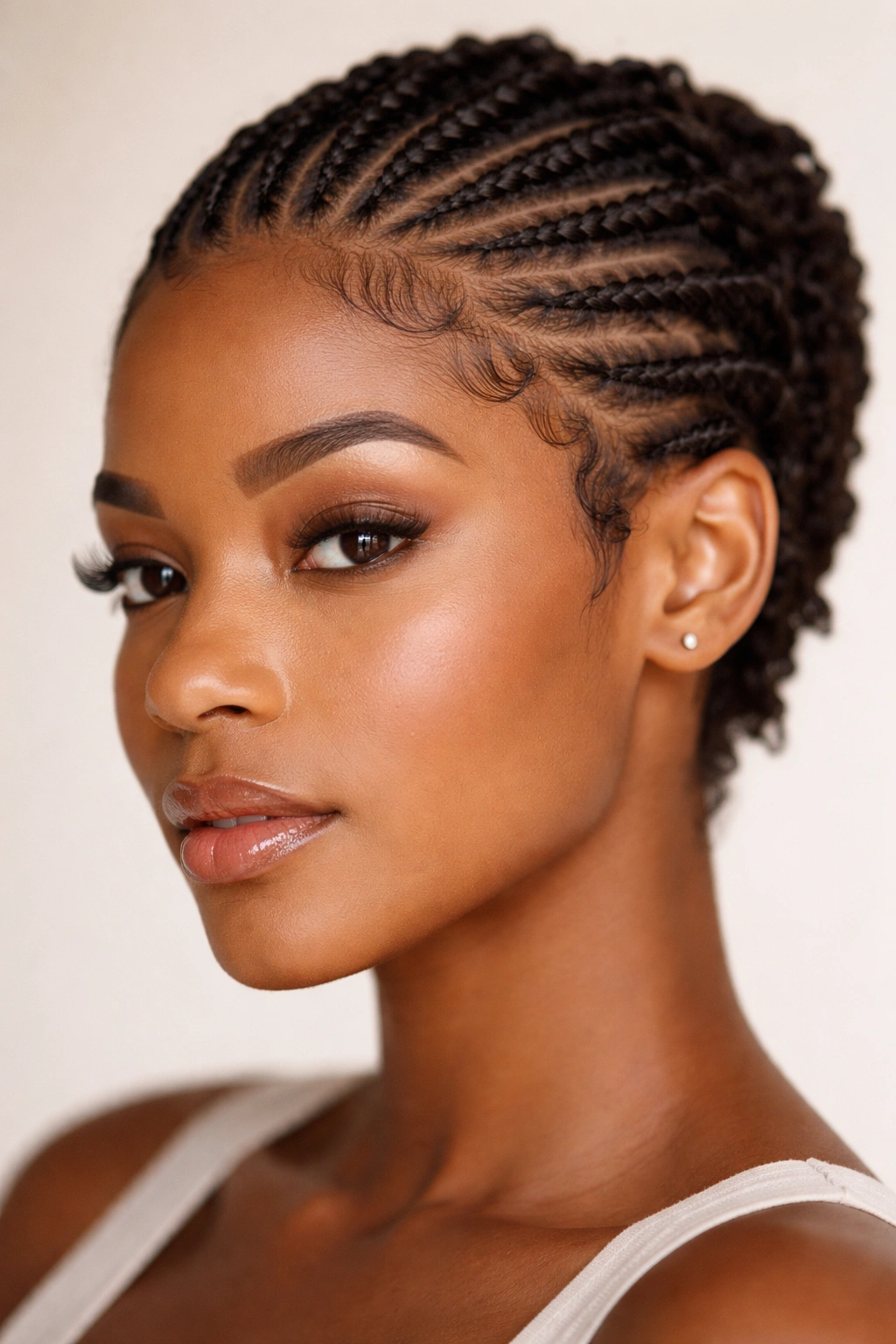 Close-up of thin cornrow edges along the hairline on short hair.