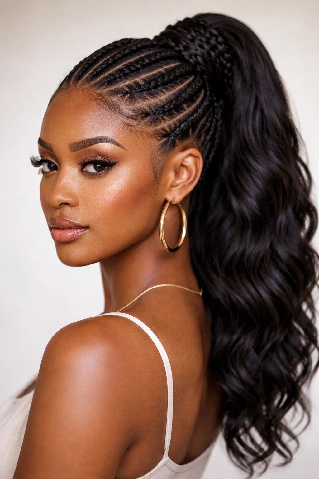 Close-up of tight cornrows converging into a full extension ponytail