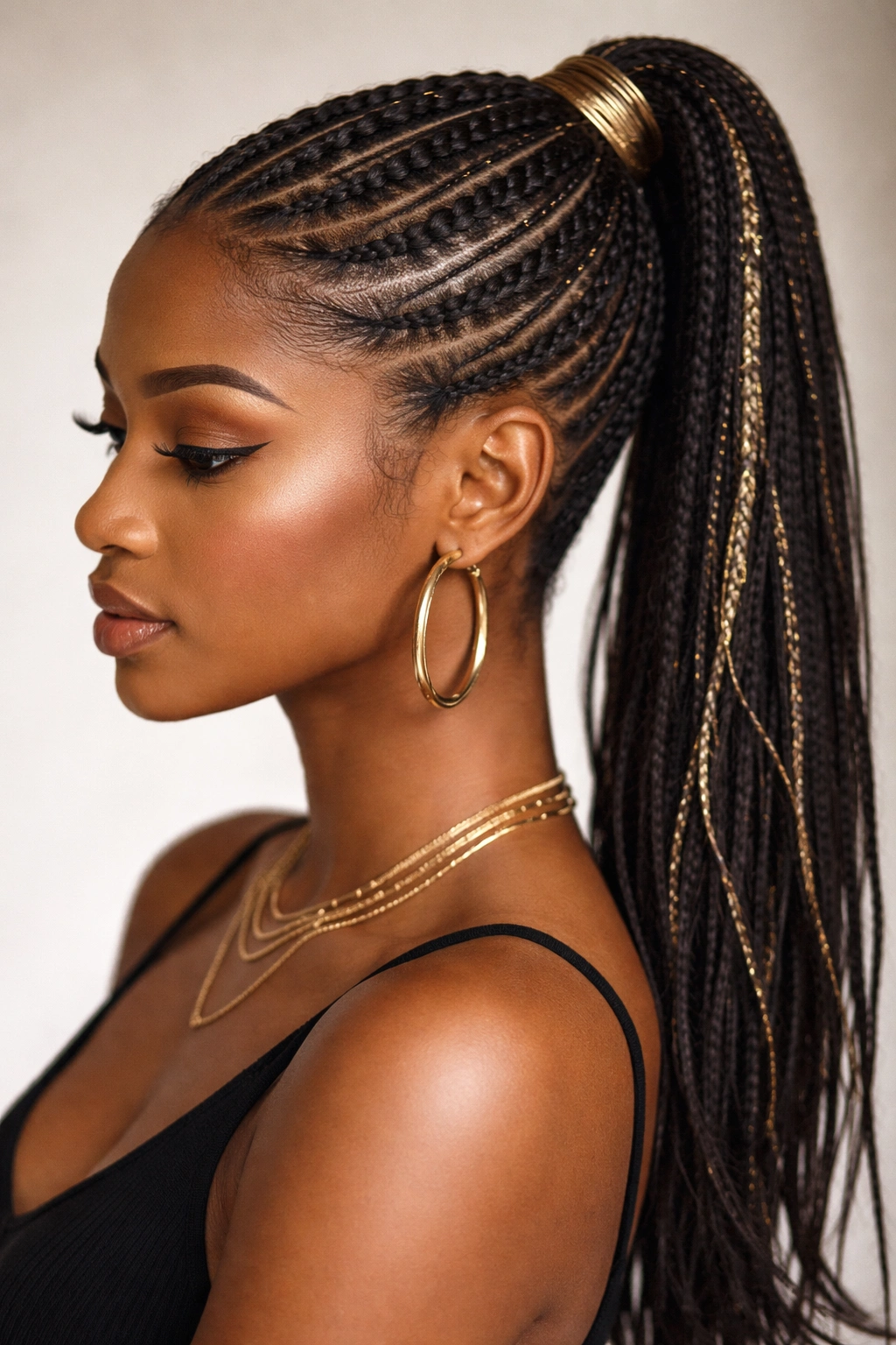 Feed-in cornrows with metallic thread in a ponytail