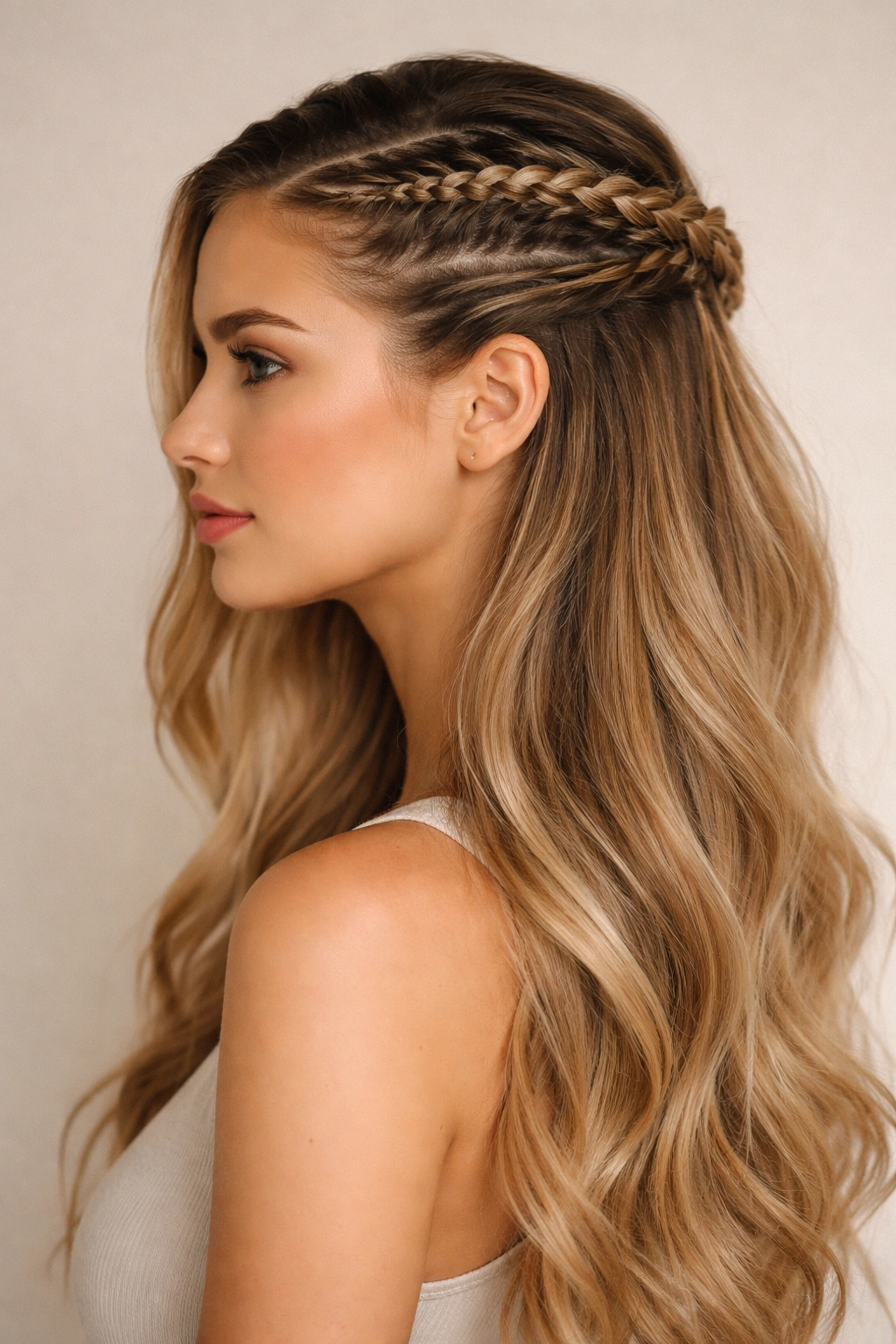 Crown cornrow braid meeting loose waves in a half-up style