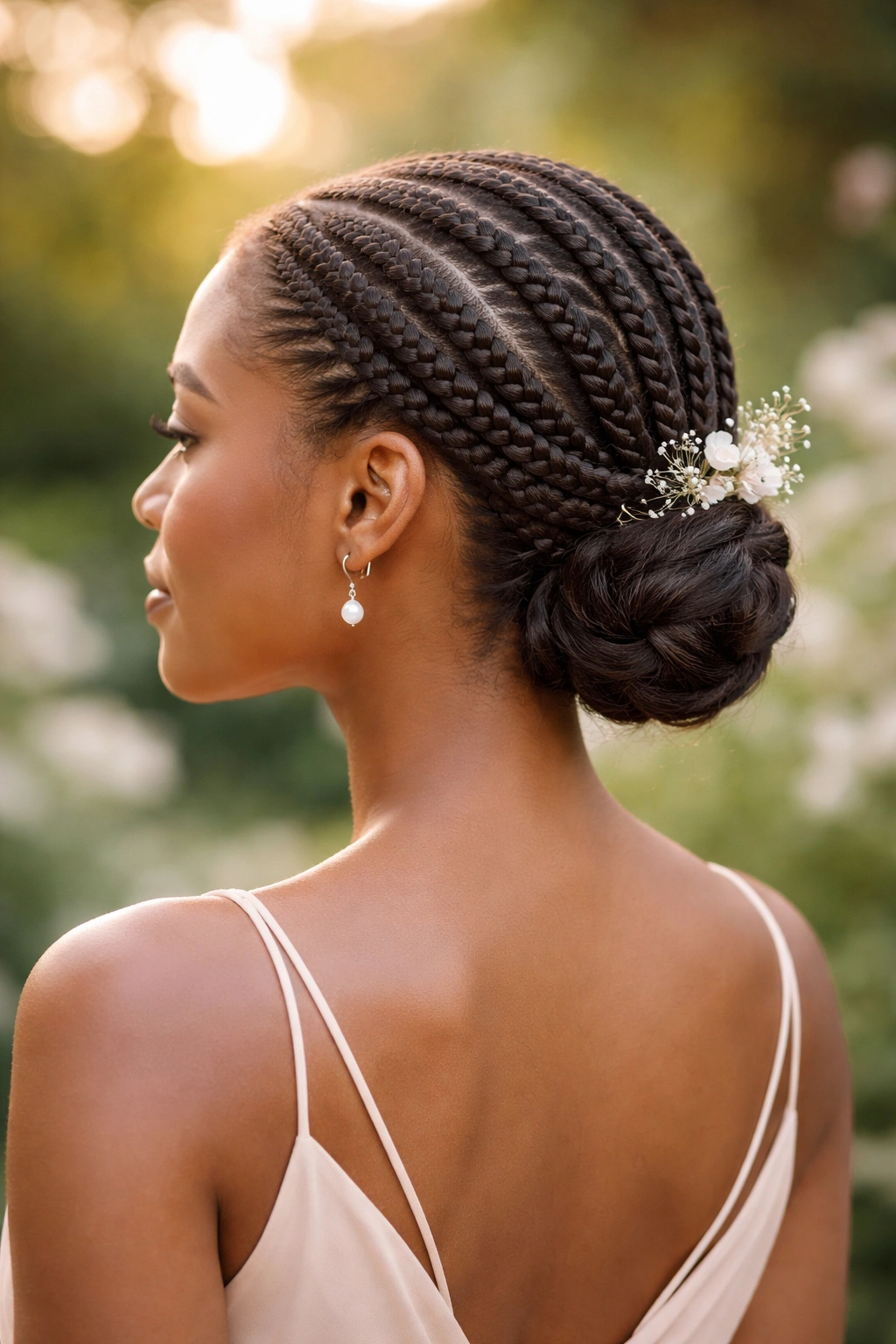 Close-up of cornrow halo around a bridesmaid's head in an outdoor garden
