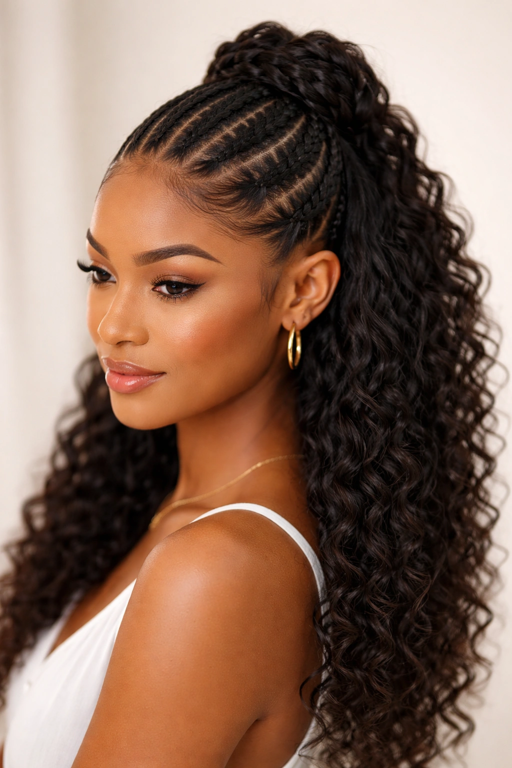 Close-up of Cornrow-Inspired Knotless Half-Up Crown hairstyle with 3-5 braids from hairline to crown