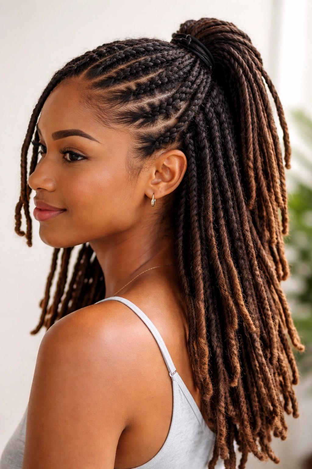 Close-up of cornrows anchoring a half-up hairstyle on medium locs