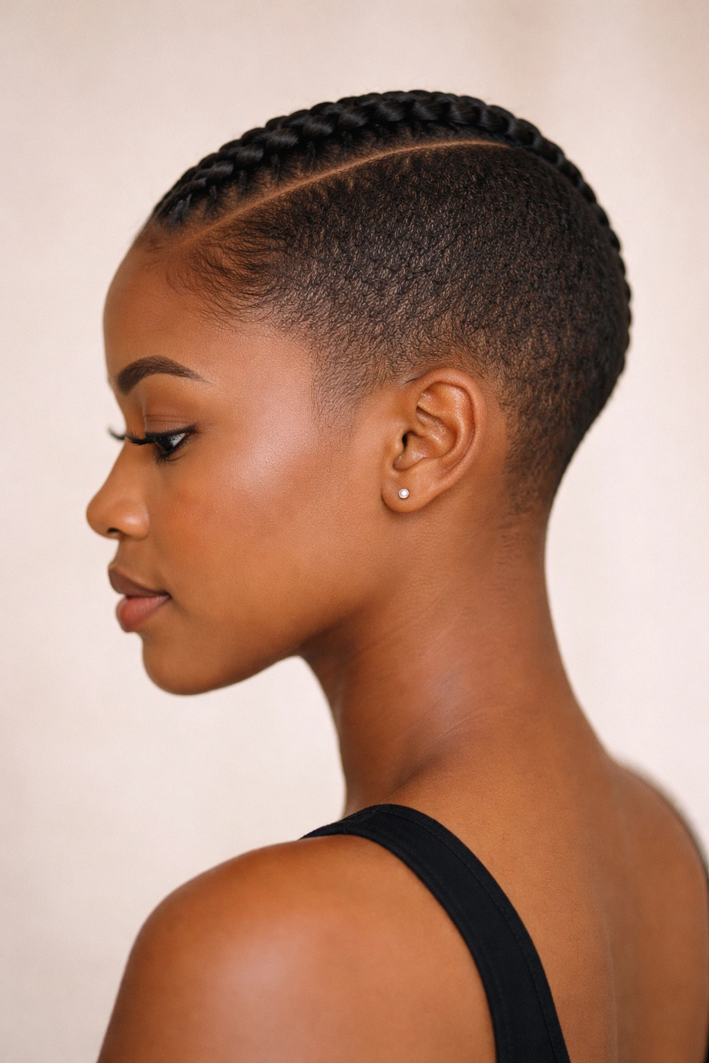 Single thick feed-in cornrow on very short hair