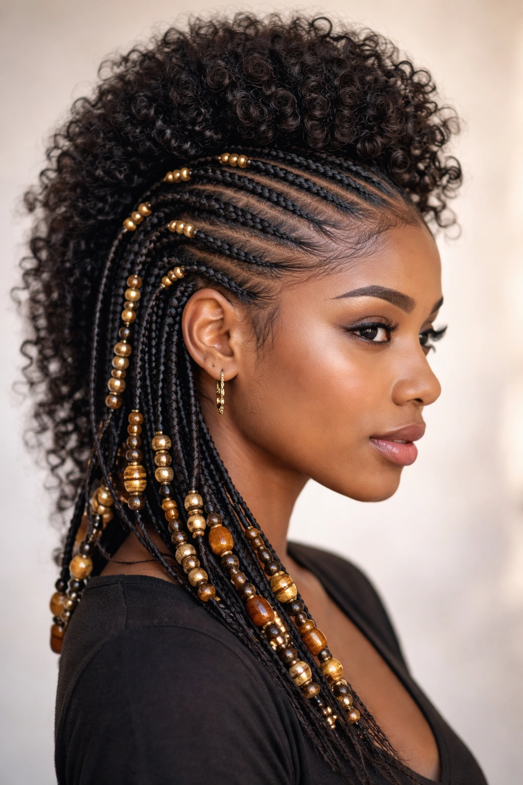 Cornrow mohawk adorned with beads along the braids