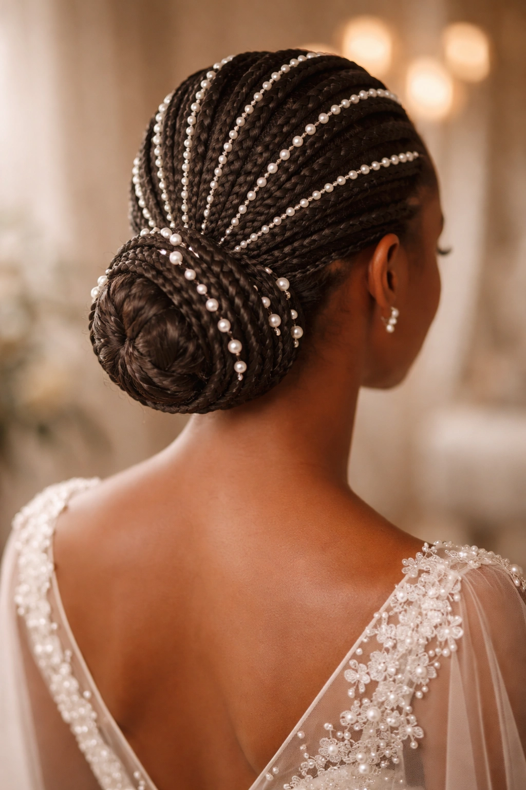 Back view of romantic cornrow and pearl braid fusion into a low bun with light-reflecting pearl threads