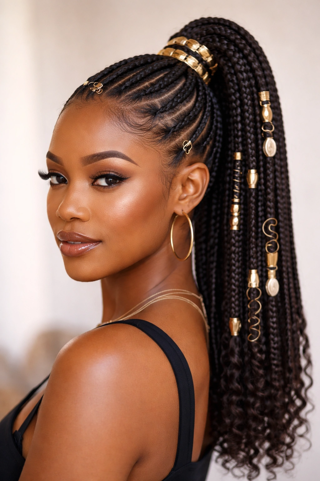 Cornrows with braid accessories at ponytail base