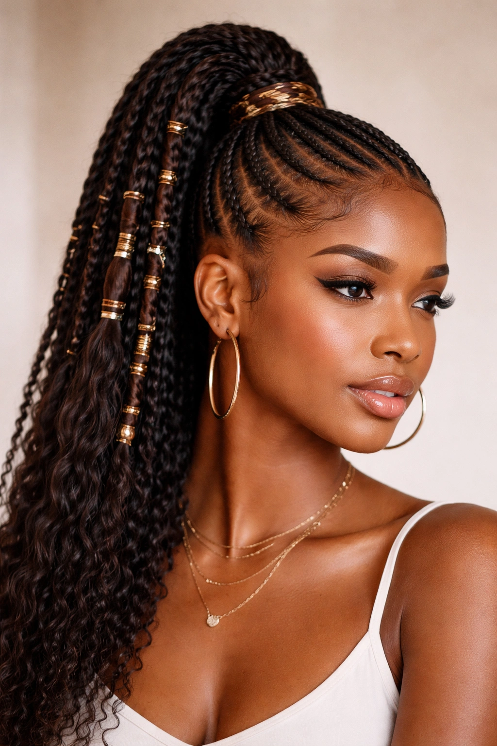 Close-up portrait of high cornrow ponytail with boho wraps