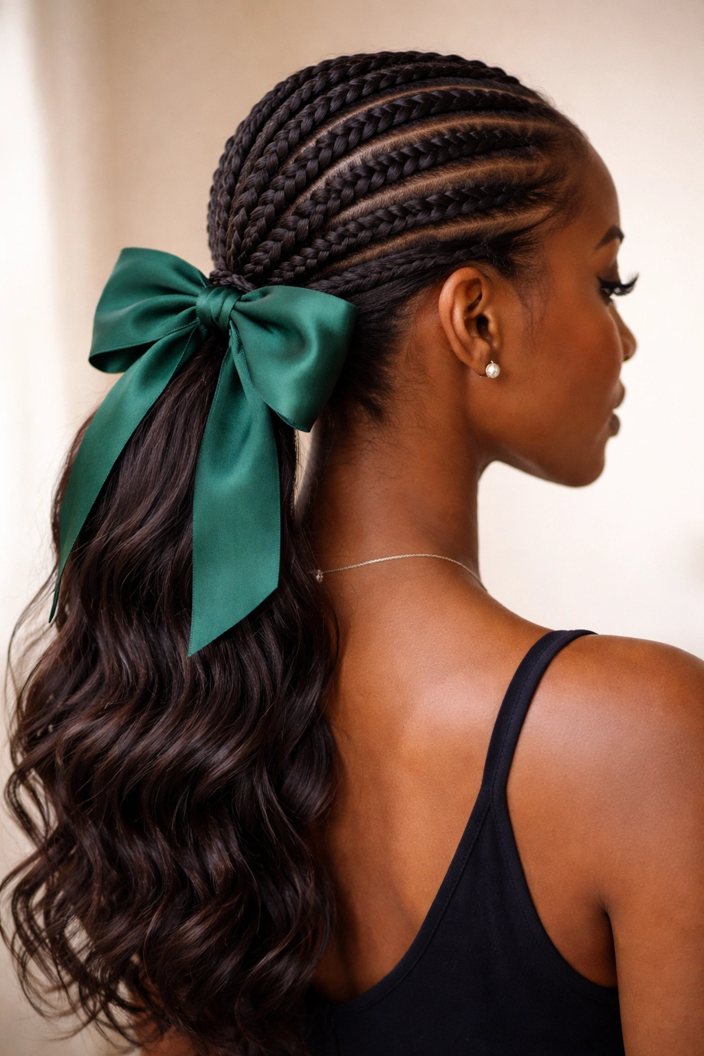 Cornrow-base ponytail with an elegant bow