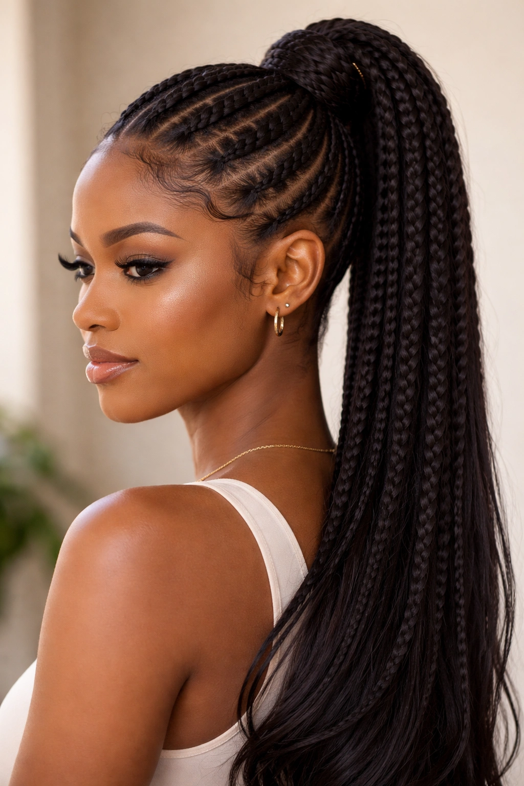 Close-up of cornrow-to-ponytail hybrid hairstyle with intricate crown cornrows flowing into a high ponytail