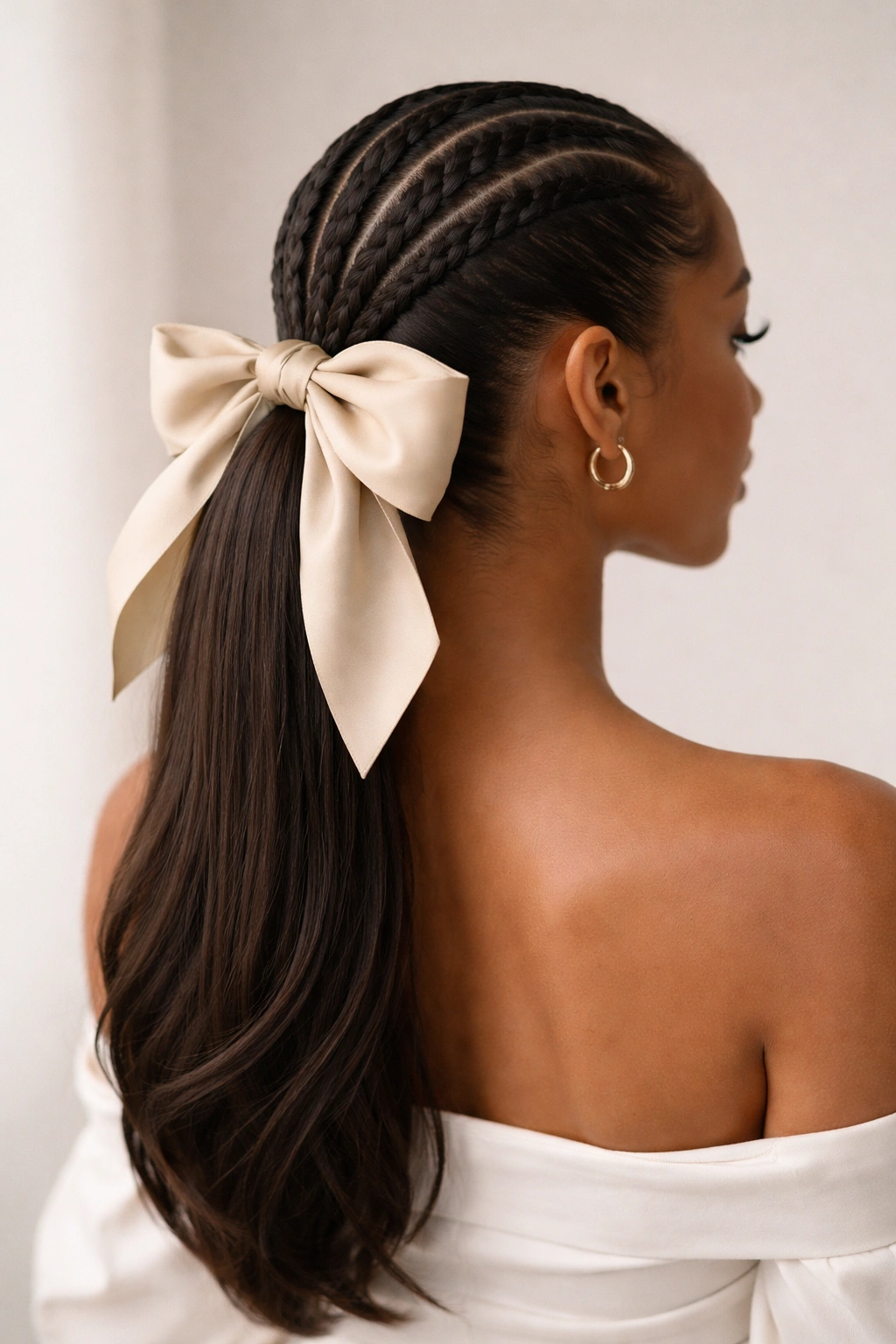 Cornrow base into ponytail with silk bow