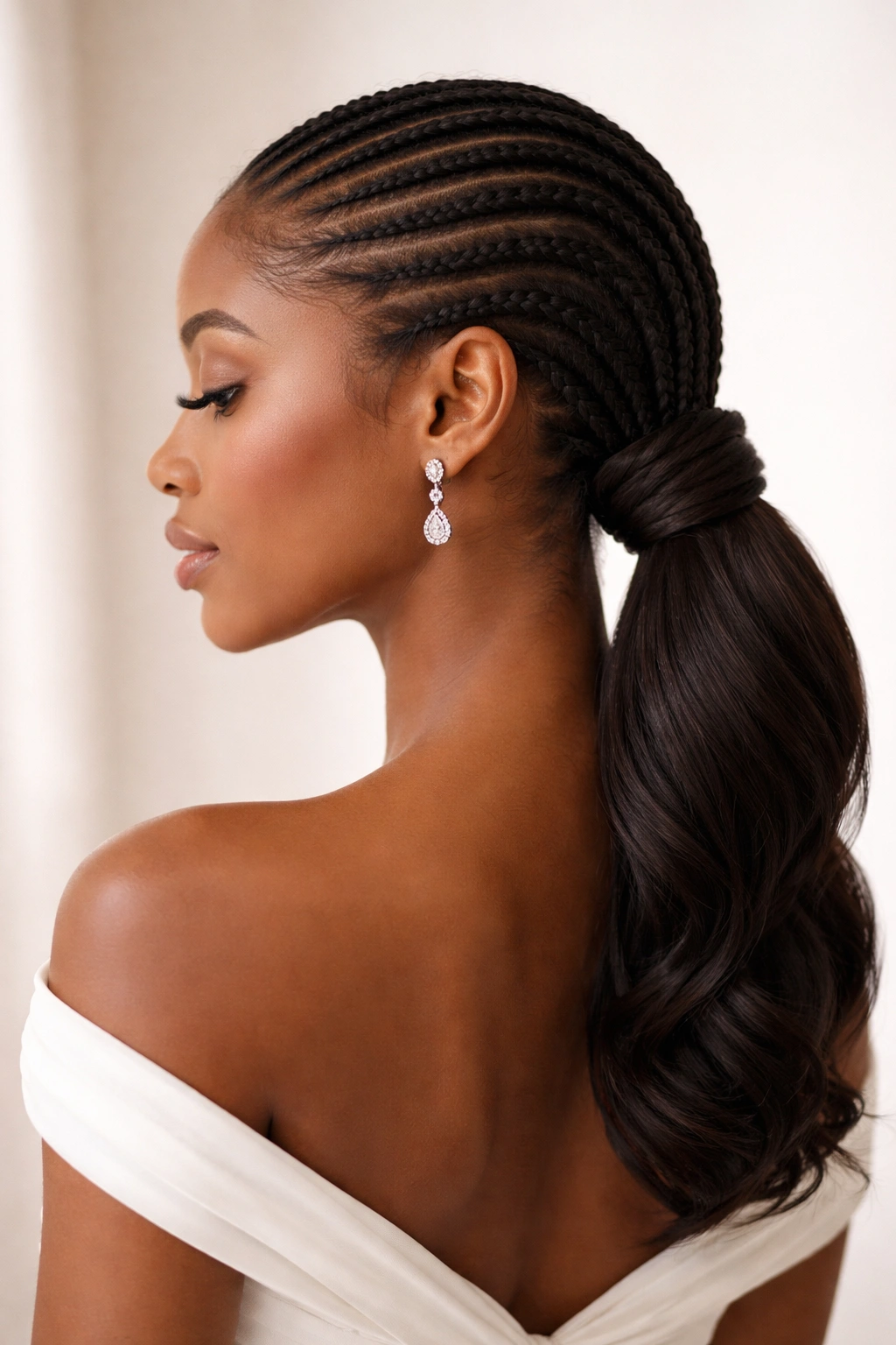 Close-up of a sleek low cornrow ponytail with a twisted chignon for a bridal look