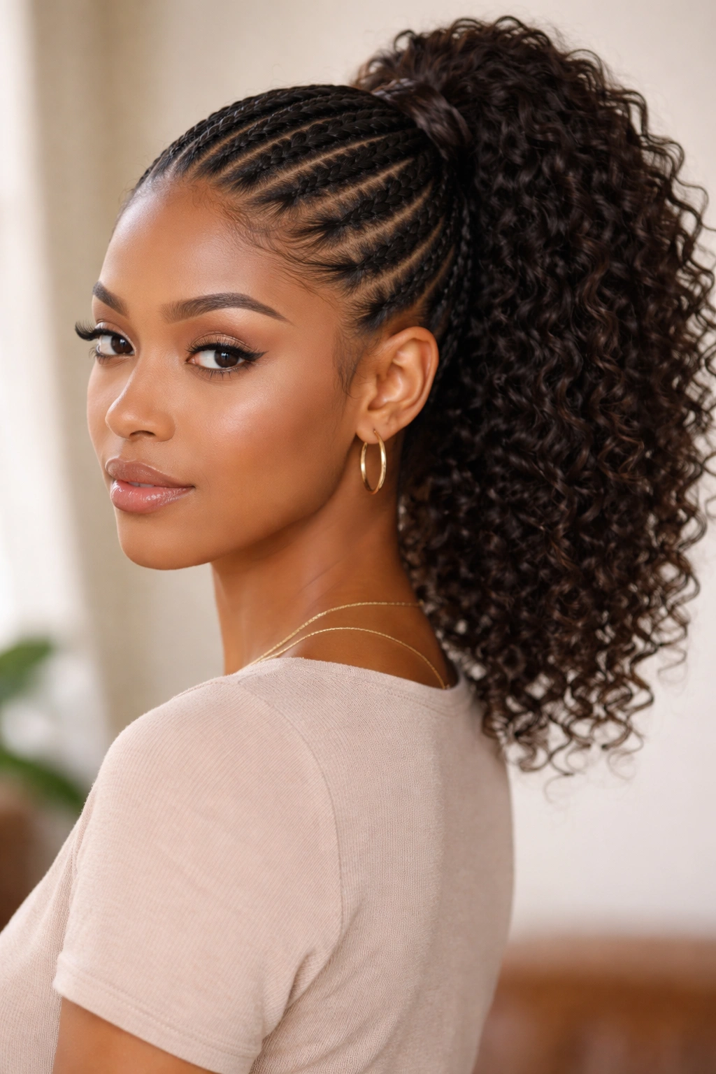 Cornrow ponytail with a wrap-around braid at the base